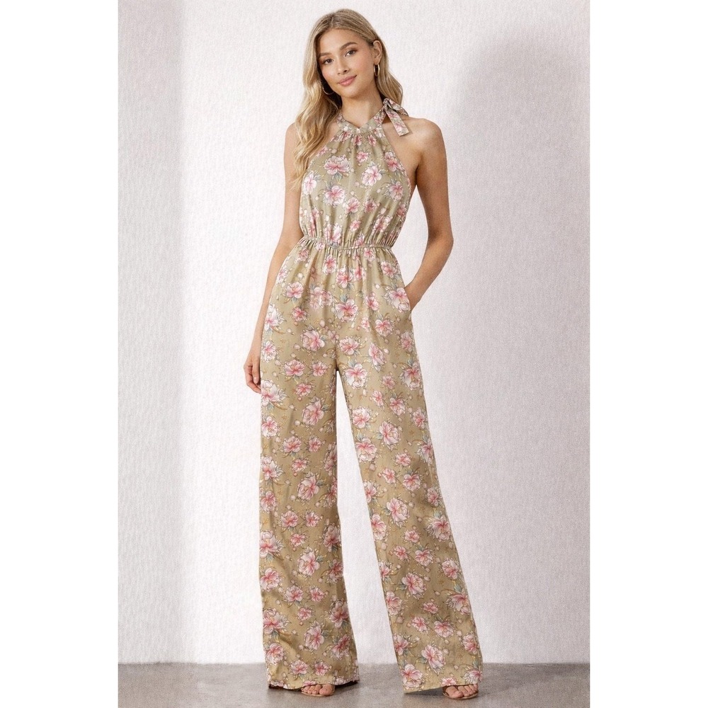 NWT Nasty Gal Nude Satin Floral Halter‎ Jumpsuit Women Size 6 Wide Leg Pockets